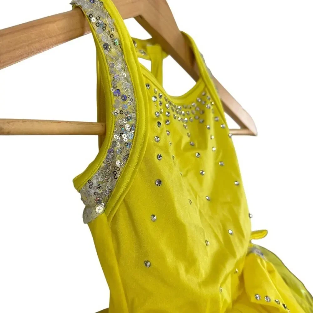 Weissman Yellow Rhinestone Sequin Tulle Dance Costume Dress & Hair Bow sz XS C